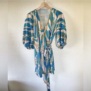 New Diarrablue✨Teal Blossom Balloon Sleeve Wrap Dress
